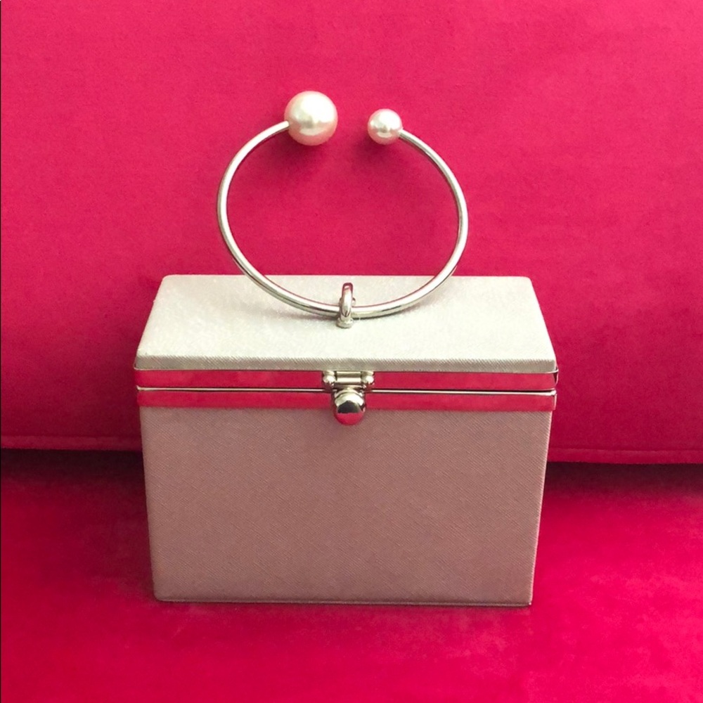 Silver Metallic Clutch with Pearl Handles
